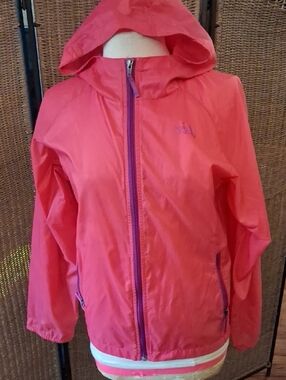 The North Face Coral Pink Hooded Windbreaker with Purple Trim